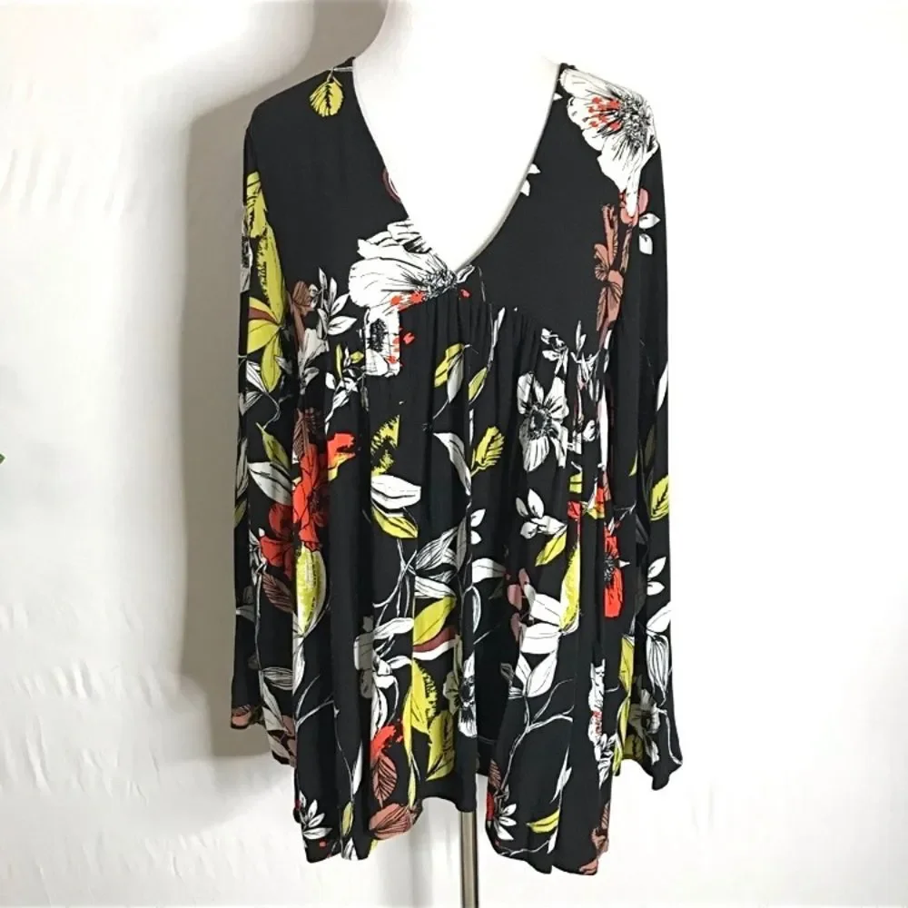 Free People Bella Black Red Green Floral Tunic Long Bell Sleeves Small